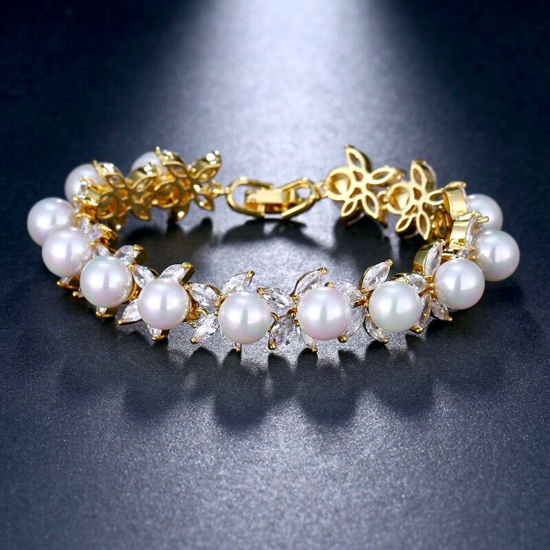 Wedding Jewelry - Pearl and Cubic Zirconia Bridal Bracelet - Available in Silver, Rose Gold and Yellow Gold