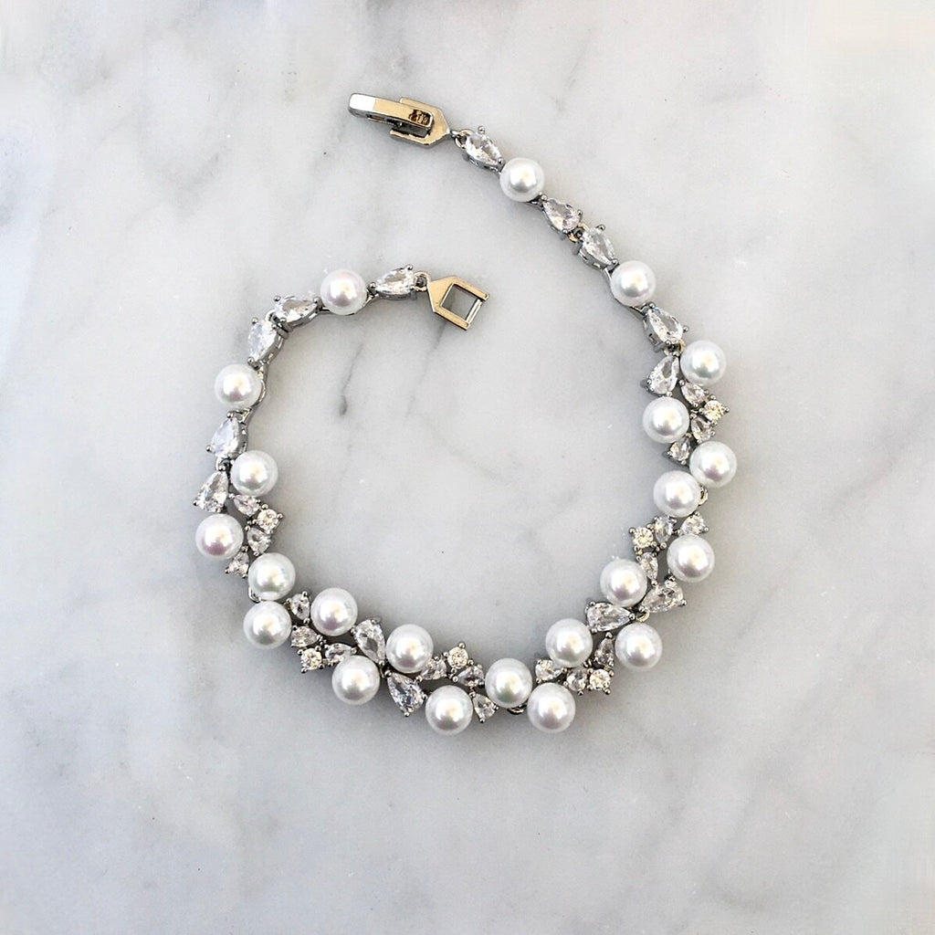 Pearl Wedding Jewelry - Pearl and Cubic Zirconia Bridal Bracelet - Available in Gold and Silver