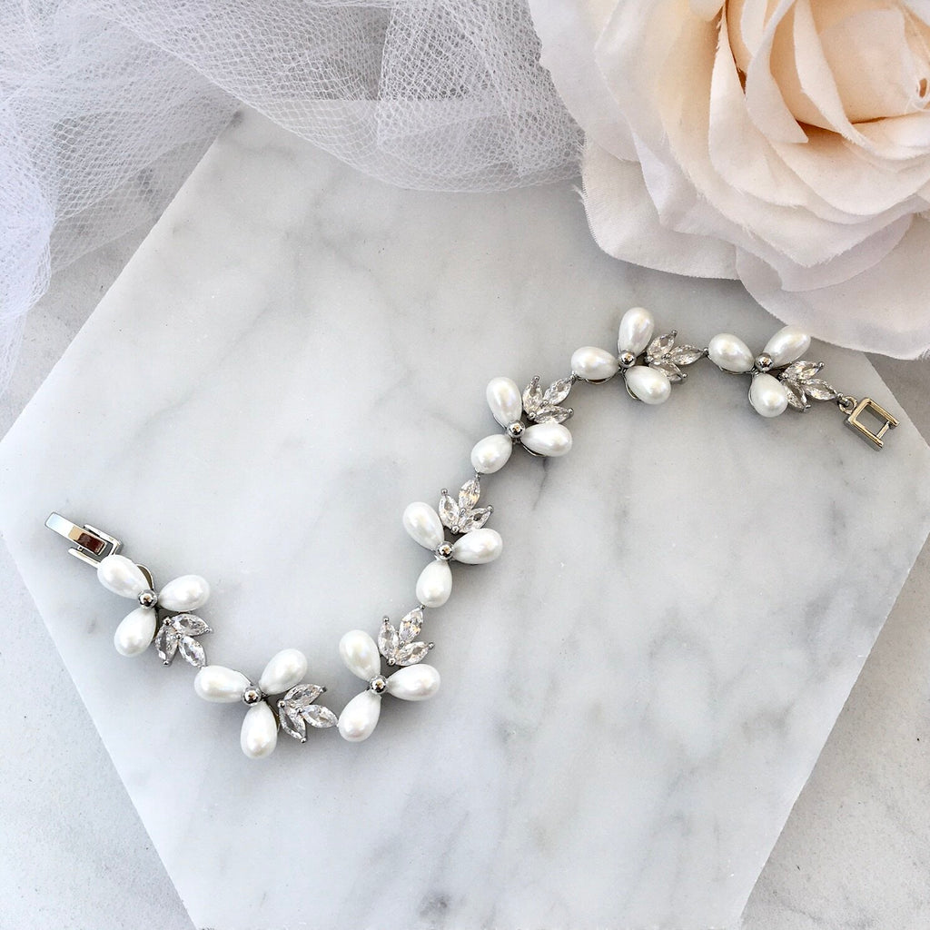 Wedding Jewelry - Pearl and Cubic Zirconia Bridal Bracelet - Available in Silver and Gold