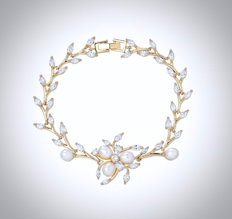 Wedding Jewelry - Freshwater Pearl and Cubic Zirconia Bridal Bracelet - Available in Silver, Rose Gold and Yellow Gold