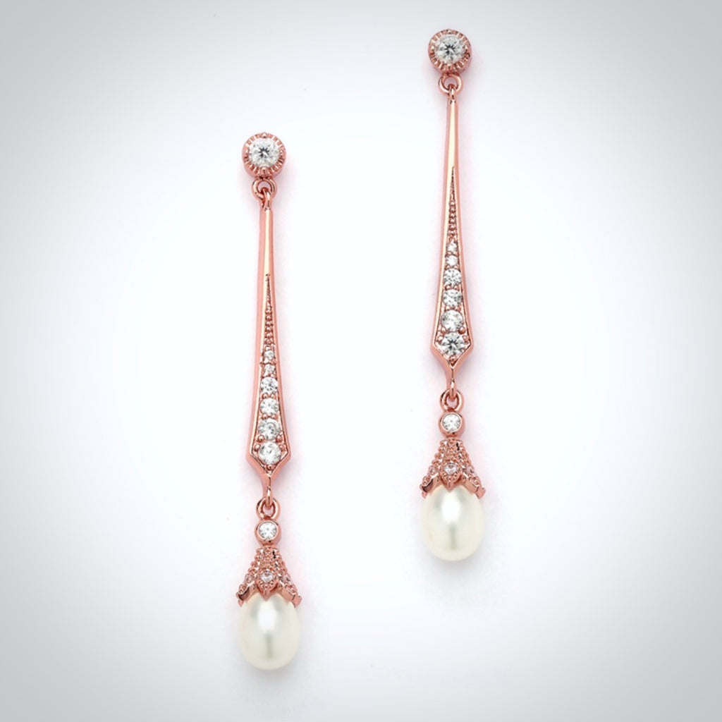 Wedding Jewelry - Art Deco Pearl and Cubic Zirconia Bridal Earrings - Available in Silver, Rose Gold and Yellow Gold