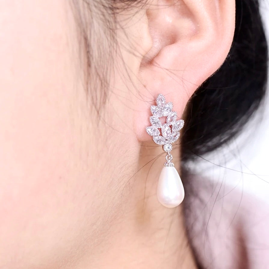 Pearl Wedding Jewelry - Pearl and Cubic Zirconia Bridal Earrings - Available in Gold, Silver and Rose Gold