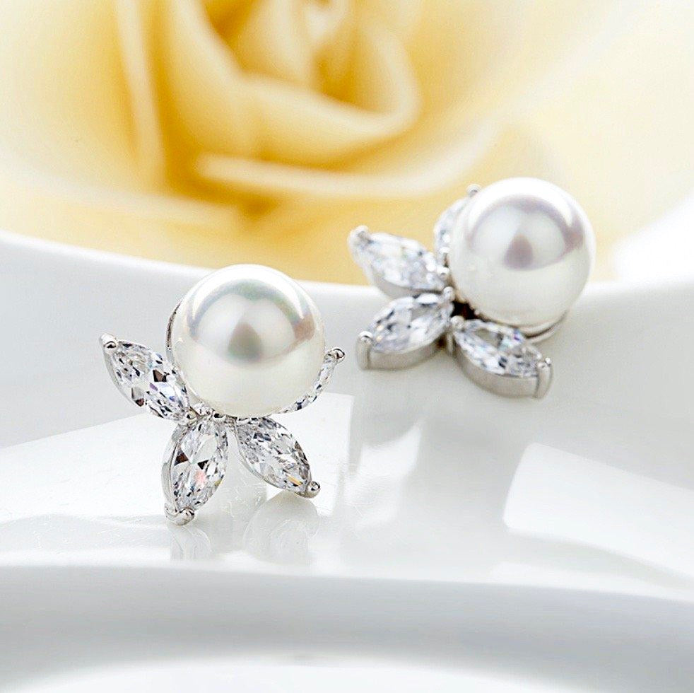 Wedding Jewelry - Pearl and Cubic Zirconia Bridal Earrings - Available in Silver, Rose Gold and Yellow Gold