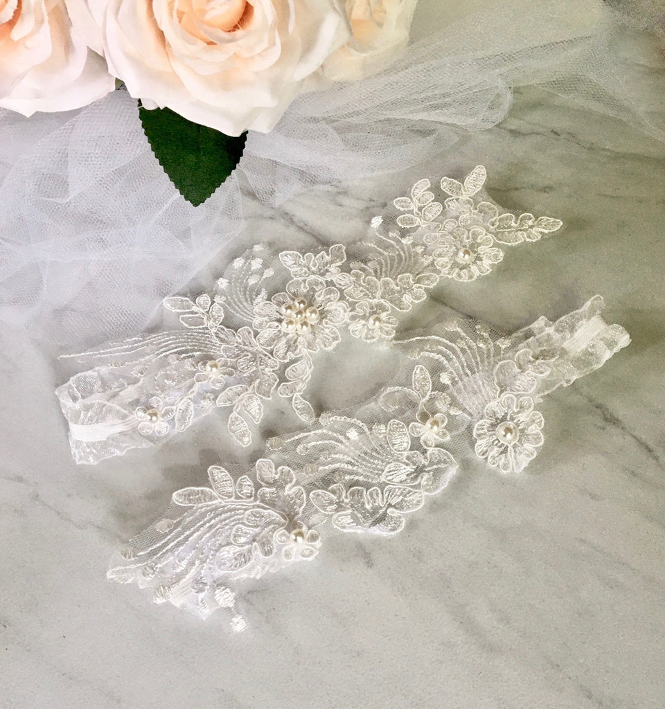 Wedding Accessories - Lace and Pearl Bridal Garter Set