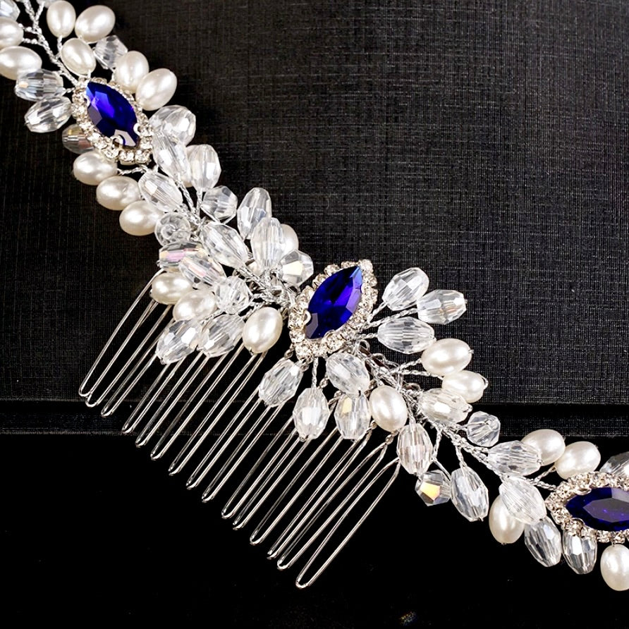 Wedding Hair Accessories - Blue Crystal and Pearl Bridal Hair Comb / Hair Vine