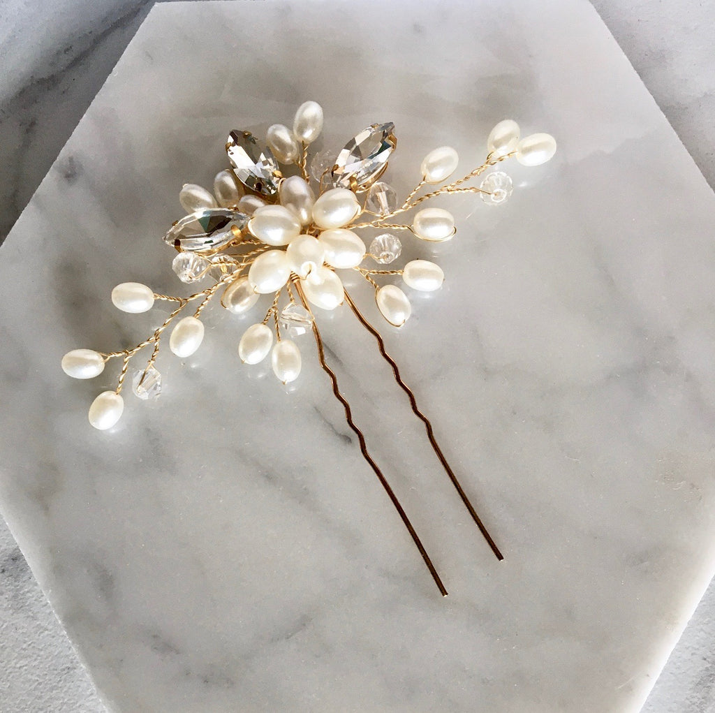 Adora by Simona Wedding Hair Accessories - Pearl and Crystal Bridal Hair Pin - Available in Silver and Gold Silver