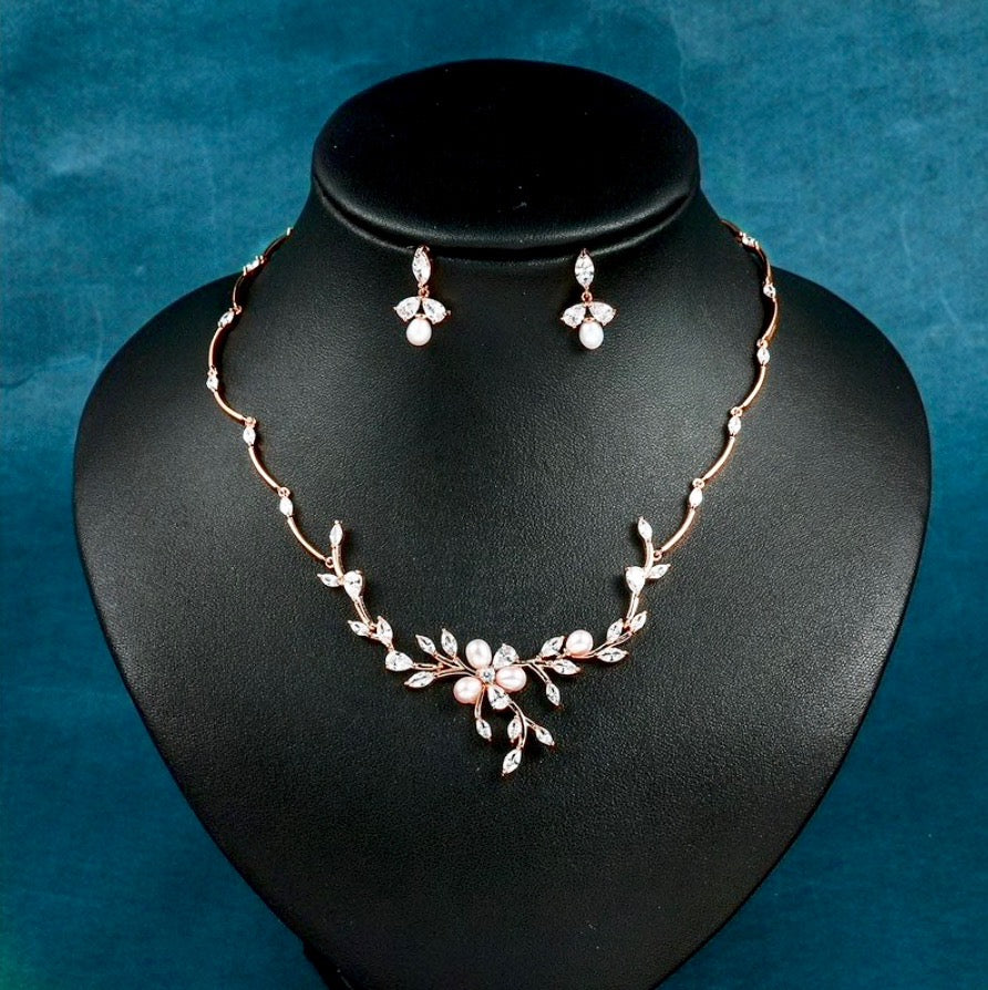 Wedding Jewelry - Freshwater Pearl and Cubic Zirconia Bridal Jewelry Set - Available in Silver, Rose Gold and Yellow Gold