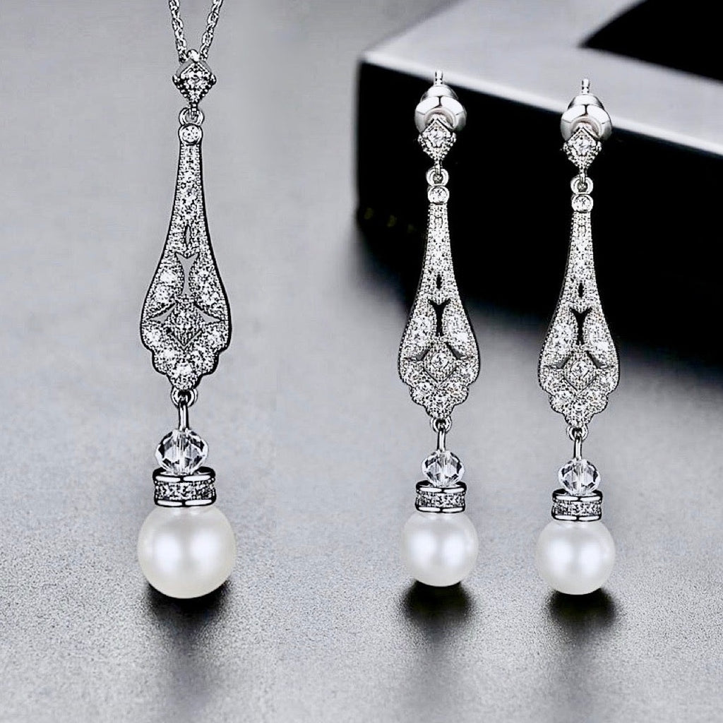 Wedding Pearl Jewelry - Pearl and Cubic Zirconia Bridal Jewelry Set