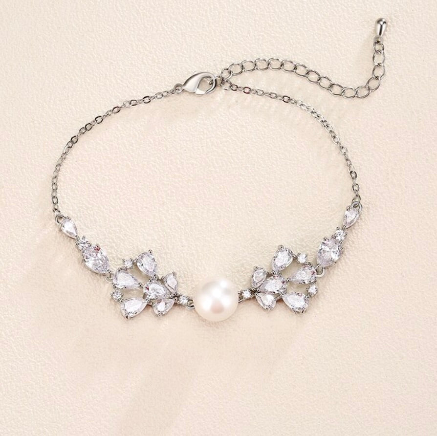Pearl Wedding Jewelry - Pearl and Cubic Zirconia Bridal Bracelet - Available in Silver, Rose Gold and Yellow Gold