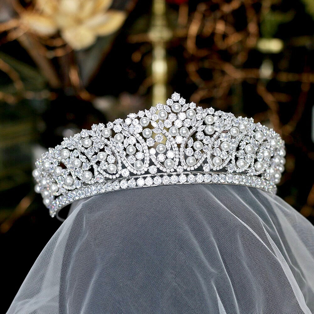 Wedding Hair Accessories - Silver Pearl and Cubic Zirconia Tiara