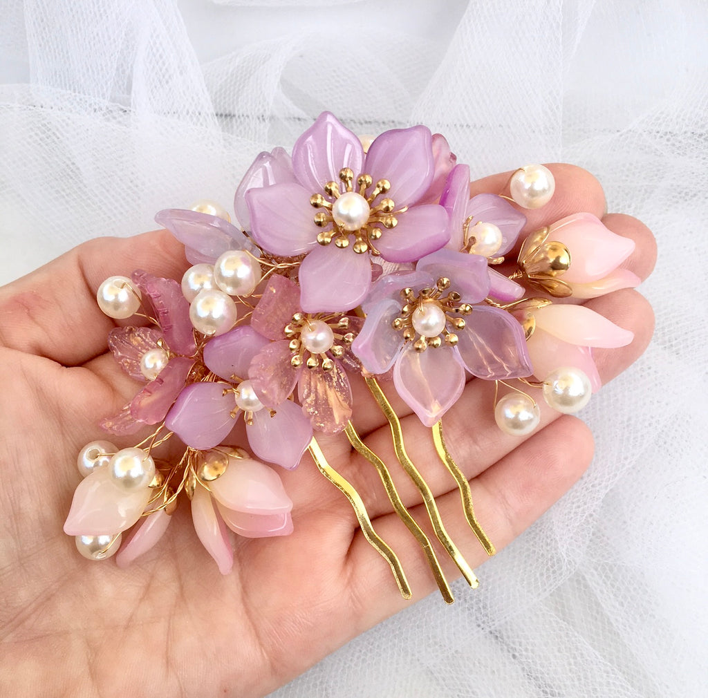 Wedding Hair Accessories - Pink Pearl and Glass Flowers Bridal