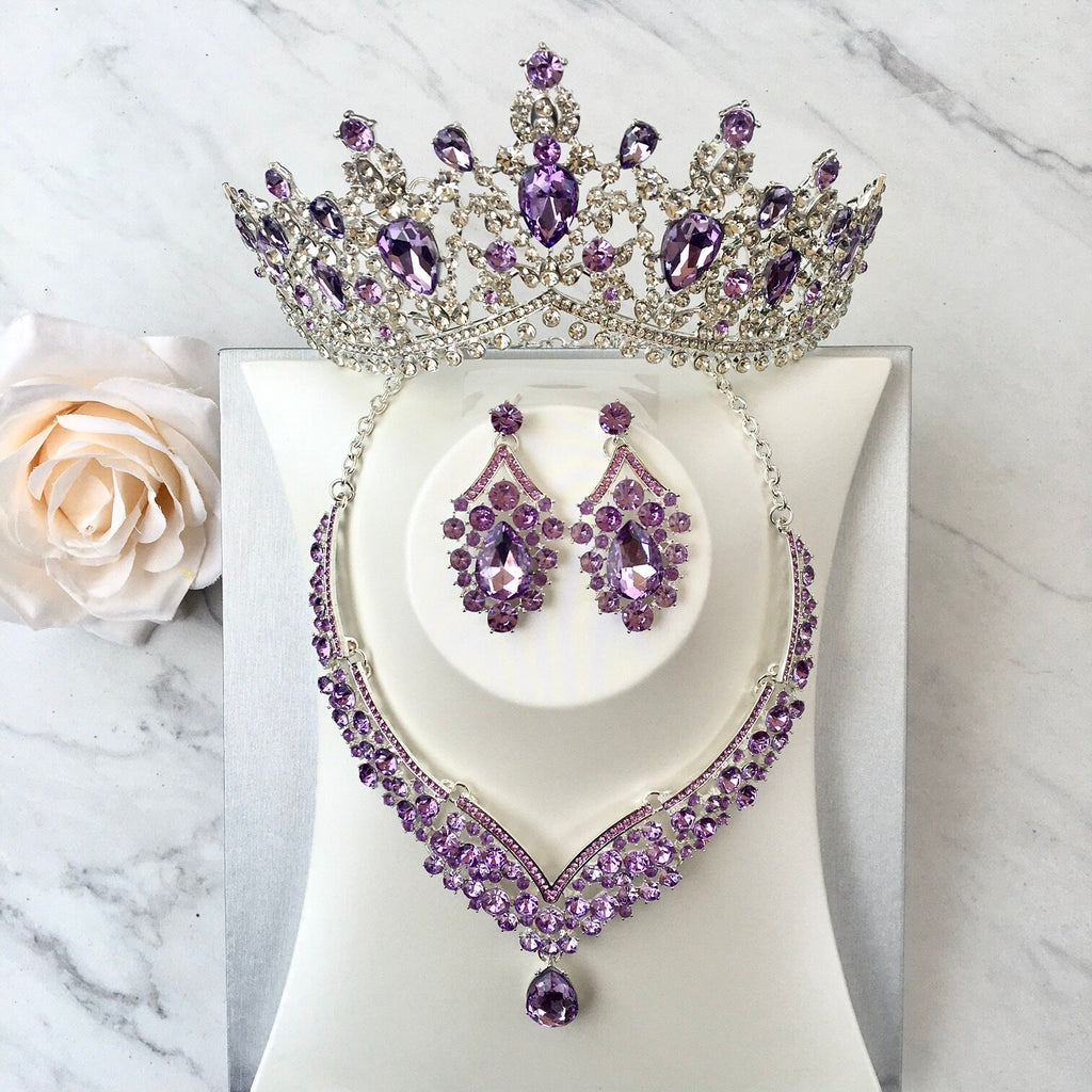 Adora by Simona Wedding Jewelry and Accessories - Purple Crystal 3-Piece Bridal Jewelry Set with Tiara - Available in Silver and Gold Silver Necklace and Earrings Set