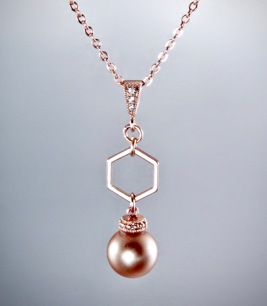 Wedding Jewelry - Swarovski Pearl Rose Gold Geometric Bridal Jewelry Set