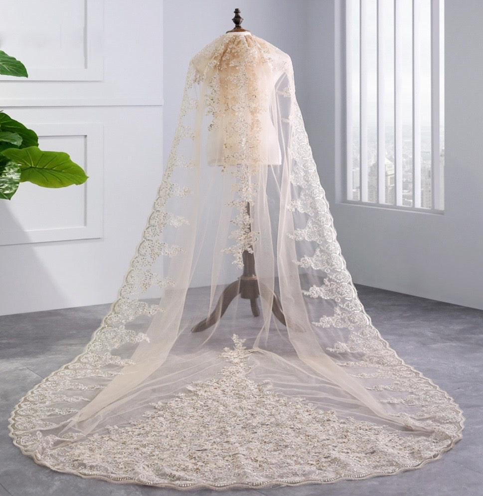 Champagne Walking Veil with Crystal Trim