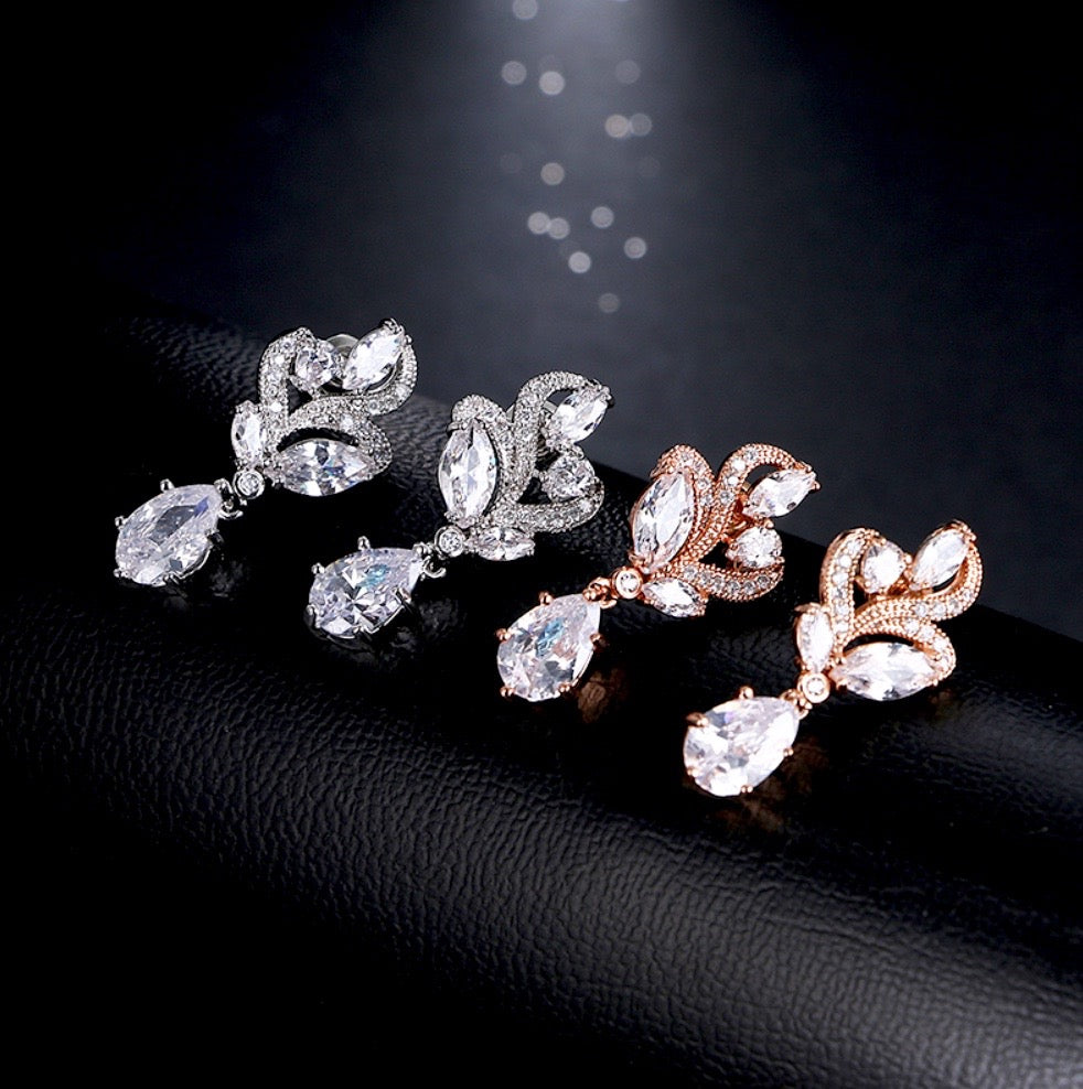"Lotus" - Cubic Zirconia Bridal Necklace and Earrings Set - Available in Silver and Rose Gold