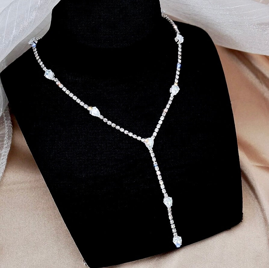 Wedding Jewelry - Silver CZ Bridal Lariat Necklace