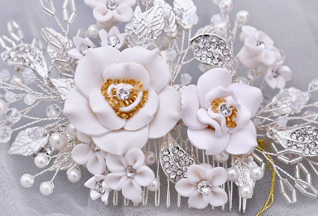 Wedding Hair Accessories - Ceramic Flower Bridal Hair Comb