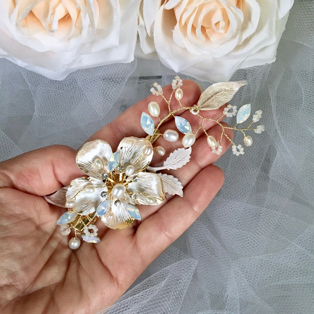 Wedding Hair Accessories - Swarovski Pearl and Opal Bridal Hair Clip