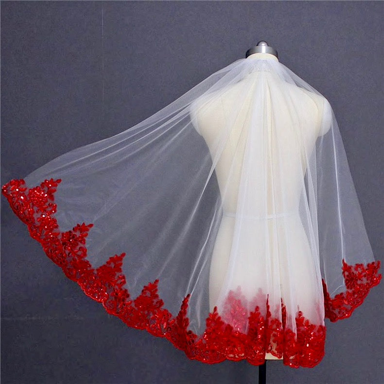 Wedding Veils - Red Lace Fingertip Length Bridal Veil