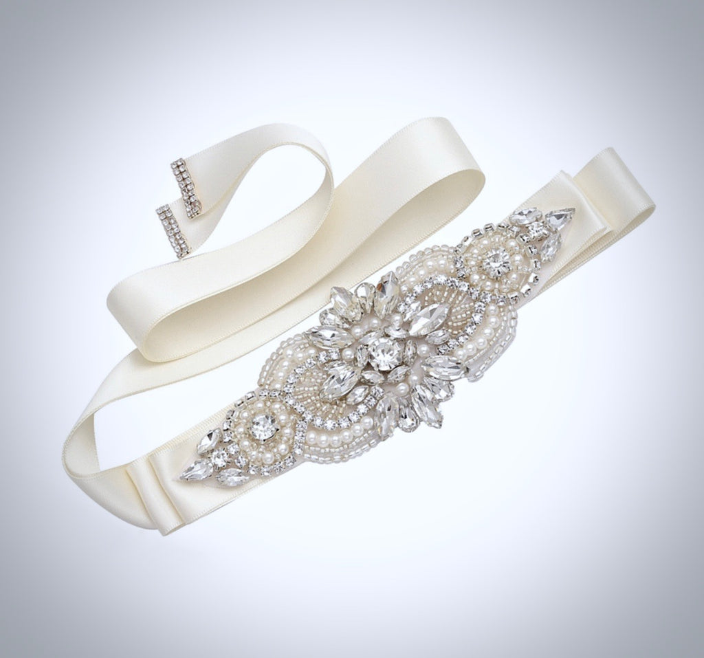 Wedding Accessories - Pearl and Crystal Bridal Belt/Sash - Available in Silver and Rose Gold
