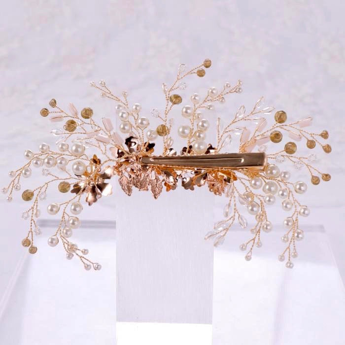 Wedding Hair Accessories -  Rose Gold Pearl and Crystal Bridal Hair Clip