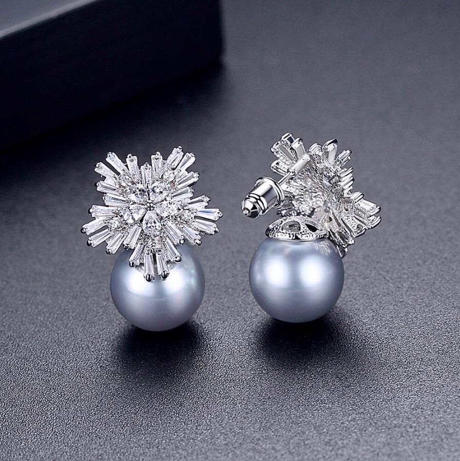 Wedding Jewelry - Pearl and Cubic Zirconia Snowflake Bridal Earrings