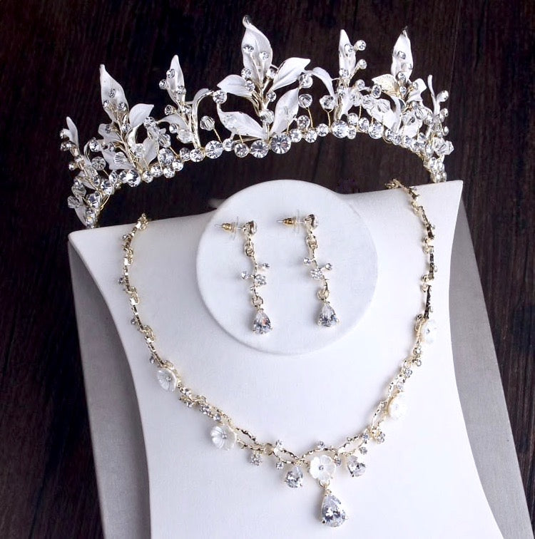 Wedding Jewelry and Accessories - Gold Bridal 3-Piece Jewelry Set With Tiara
