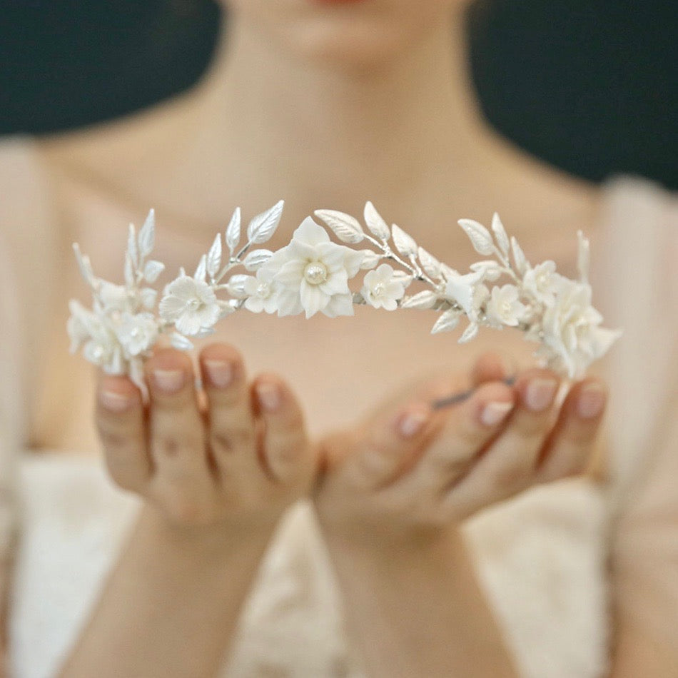 Wedding Hair Accessories - Ceramic Flowers and Pearls Silver Bridal Headband