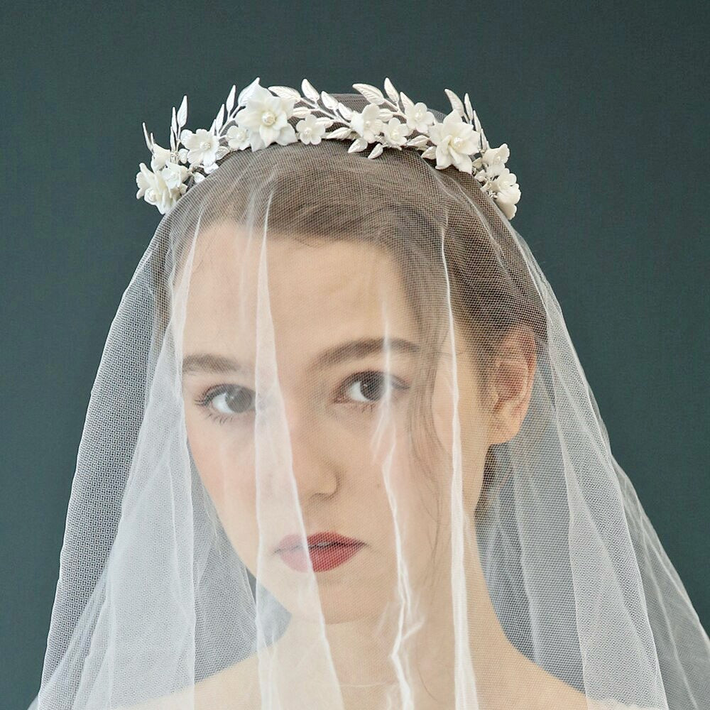 Wedding Hair Accessories - Ceramic Flowers and Pearls Silver Bridal Headband