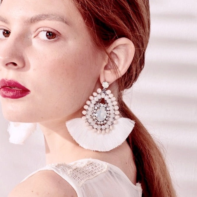 Wedding Jewelry - Opal Bridal Tassel Earrings