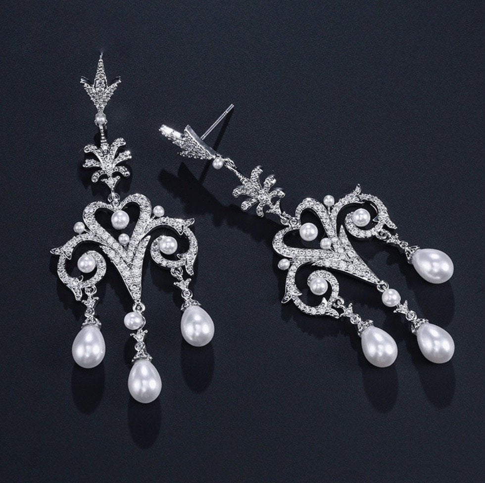 "Kacy" - Pearl and Cubic Zirconia Bridal Earrings