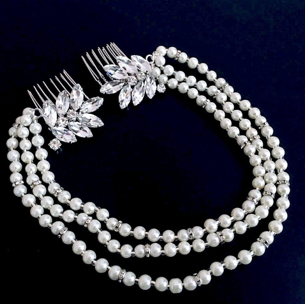 "Caitlyn" - Silver Pearl and Crystal Bridal Hair Accessory 