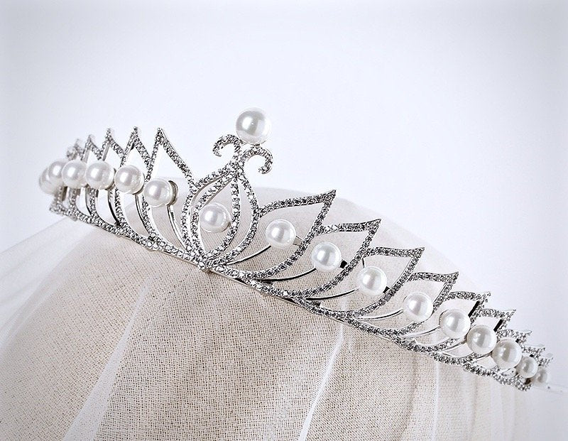 Wedding Hair Accessories - Pearl and Cubic Zirconia Bridal Tiara - Available in Silver and Rose Gold