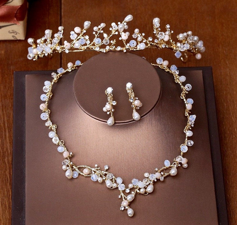 Pearl Wedding Jewelry - Pearl and Cubic Zirconia Bridal 3-Piece Jewelry Set With Tiara - Available in Yellow Gold and Silver