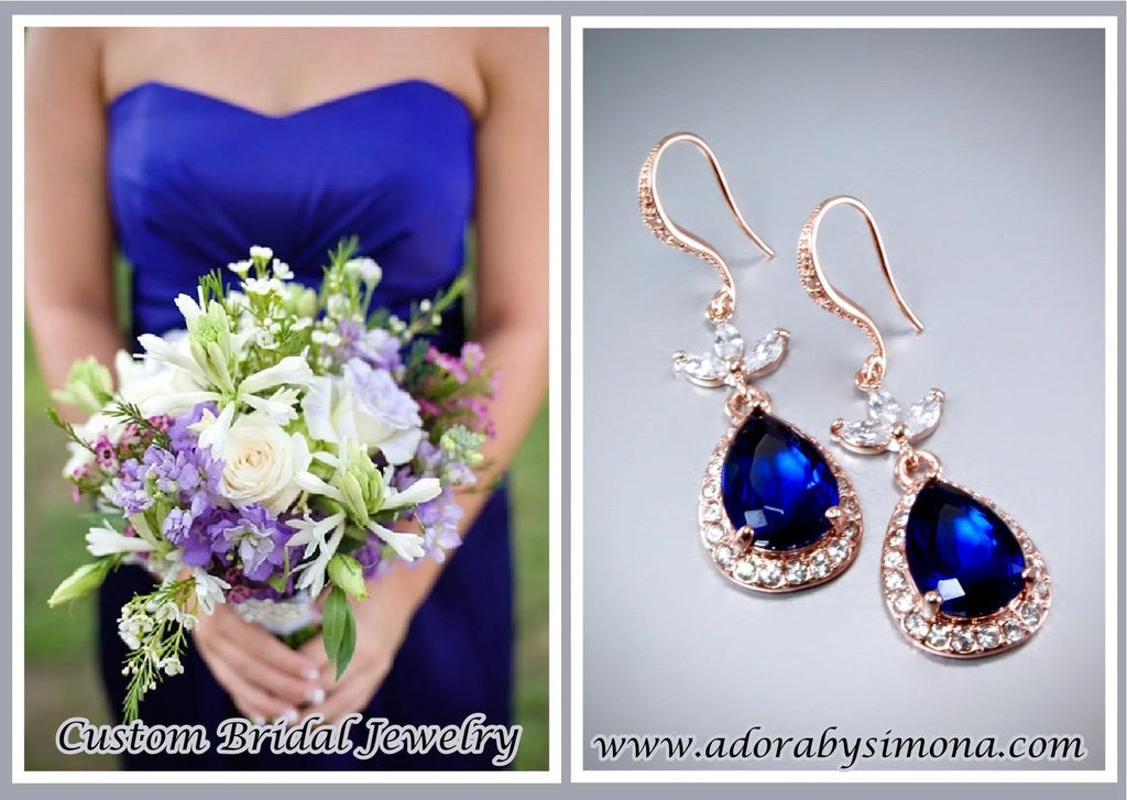 "Skye" - Rose Gold and Sapphire Blue Cubic Zirconia Bridal Earrings 