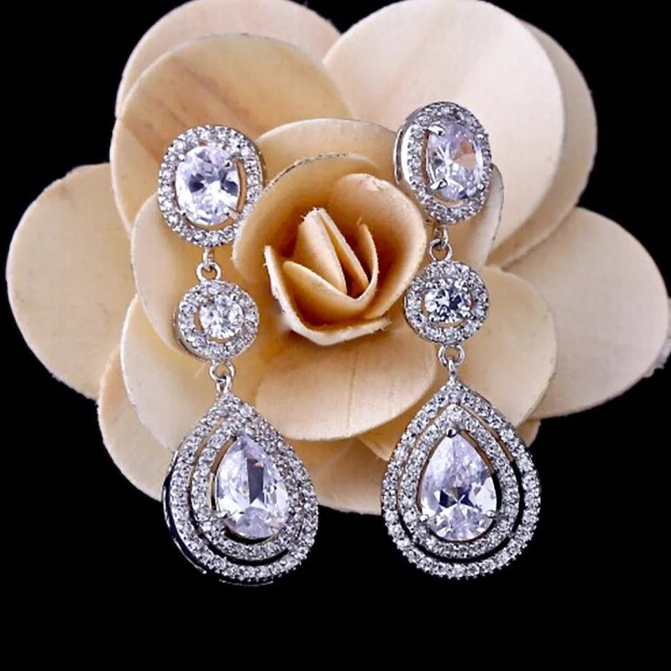 Wedding Jewelry - Silver Cubic Zirconia Bridal Earrings