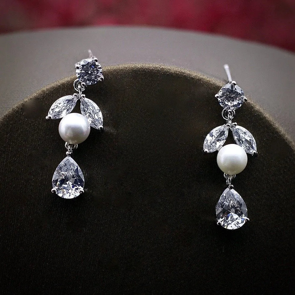 Wedding Jewelry - Silver Cubic Zirconia and Pearl Bridal Jewelry Set