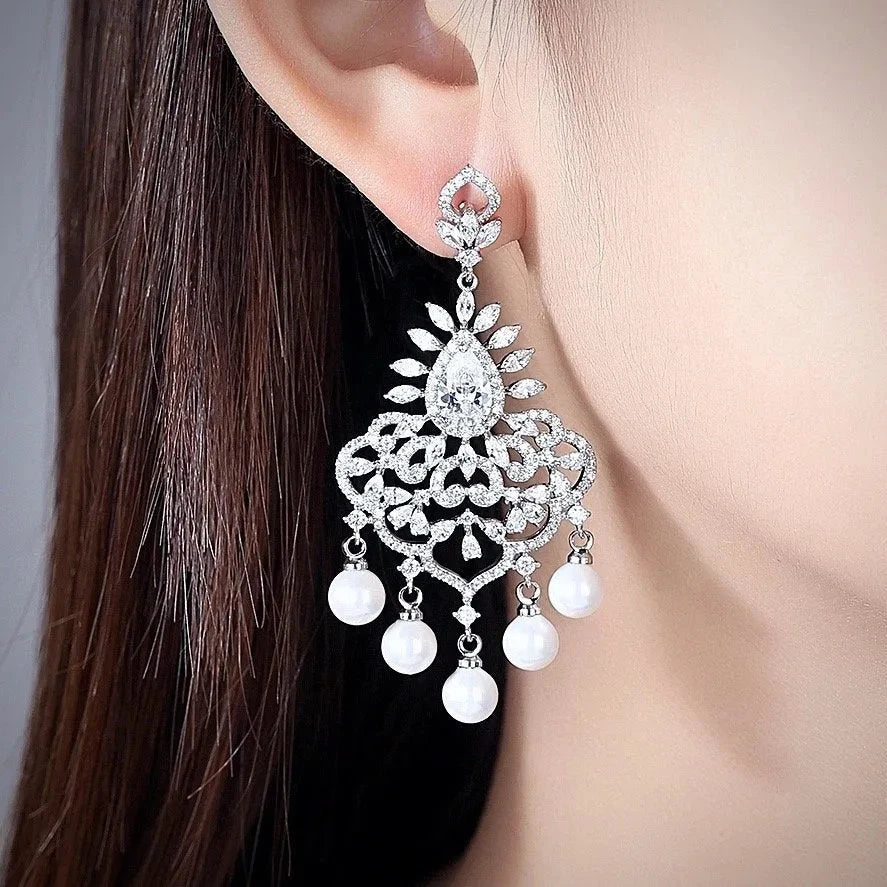 "Roxanne" - Pearl and Cubic Zirconia Bridal Earrings