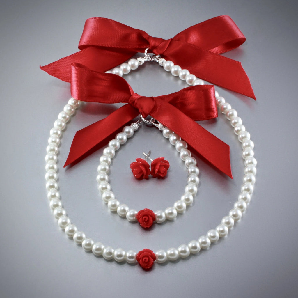 "Isabelle" - Pearl and Rose Flower Girl Necklace/Bracelet/Earrings