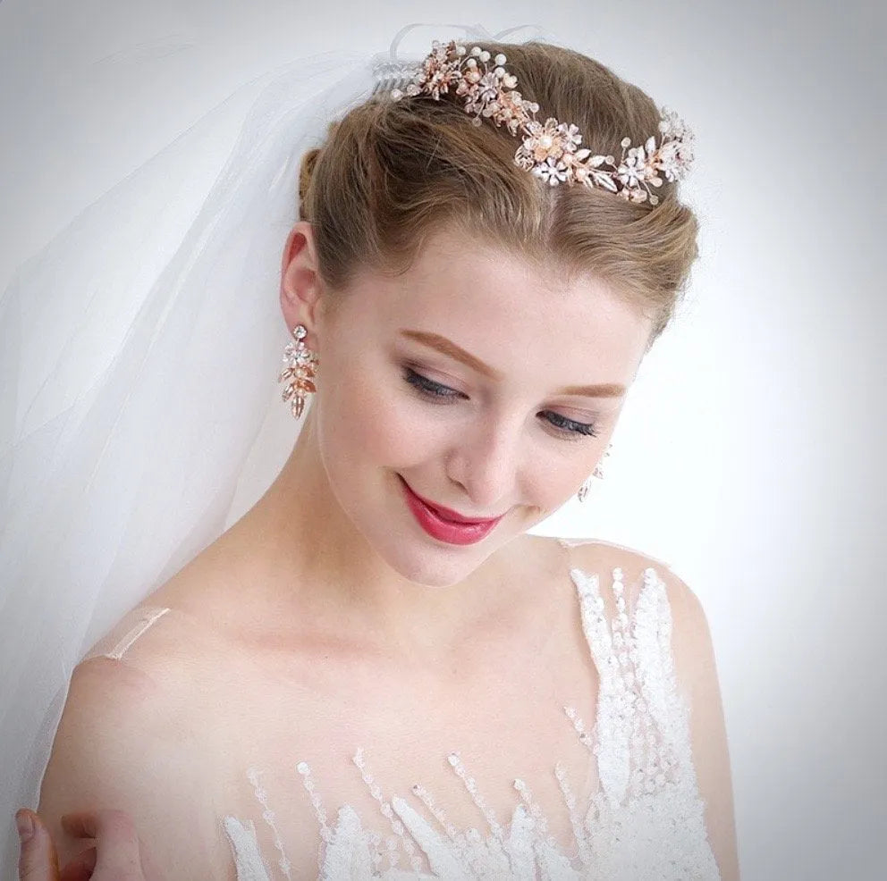 Wedding Hair Accessories - Rose Gold Pearl and Crystal Bridal Headband With Matching E