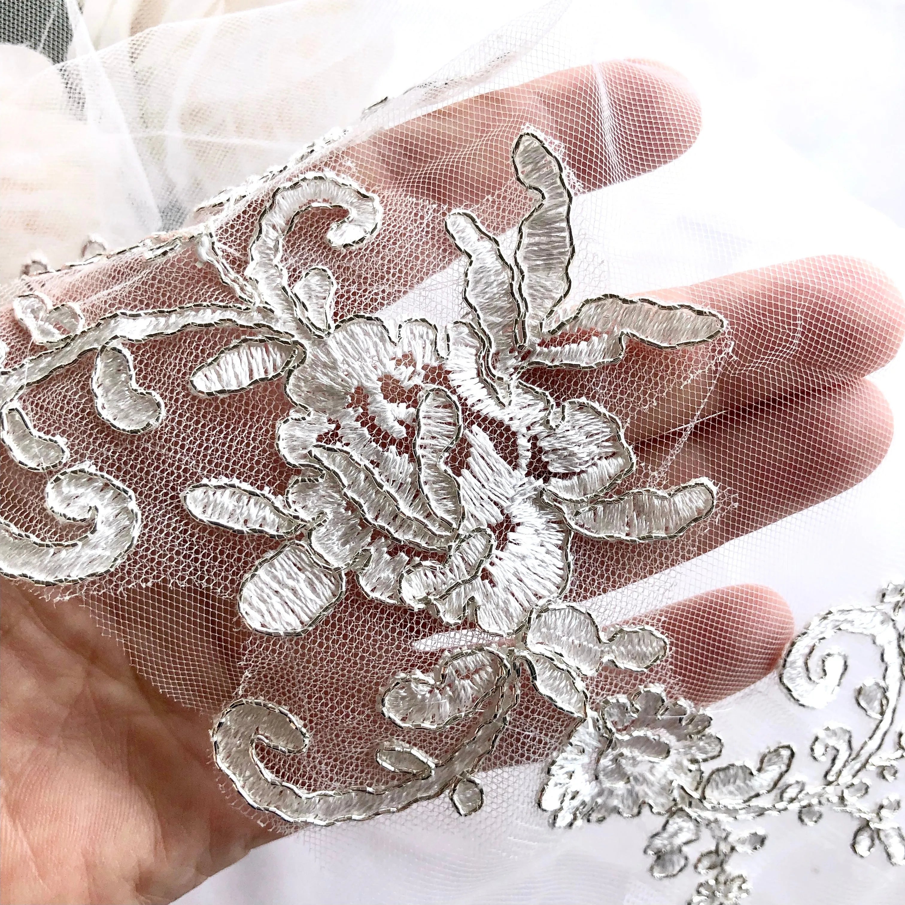 Two-Tier White Bridal Veil with Floral Lace Edge Our Gabriella veil has the softest, most delicate lace  main image 3