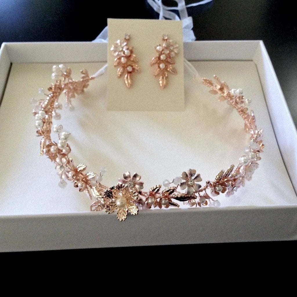 Wedding Hair Accessories - Rose Gold Pearl and Crystal Bridal Headband With Matching E