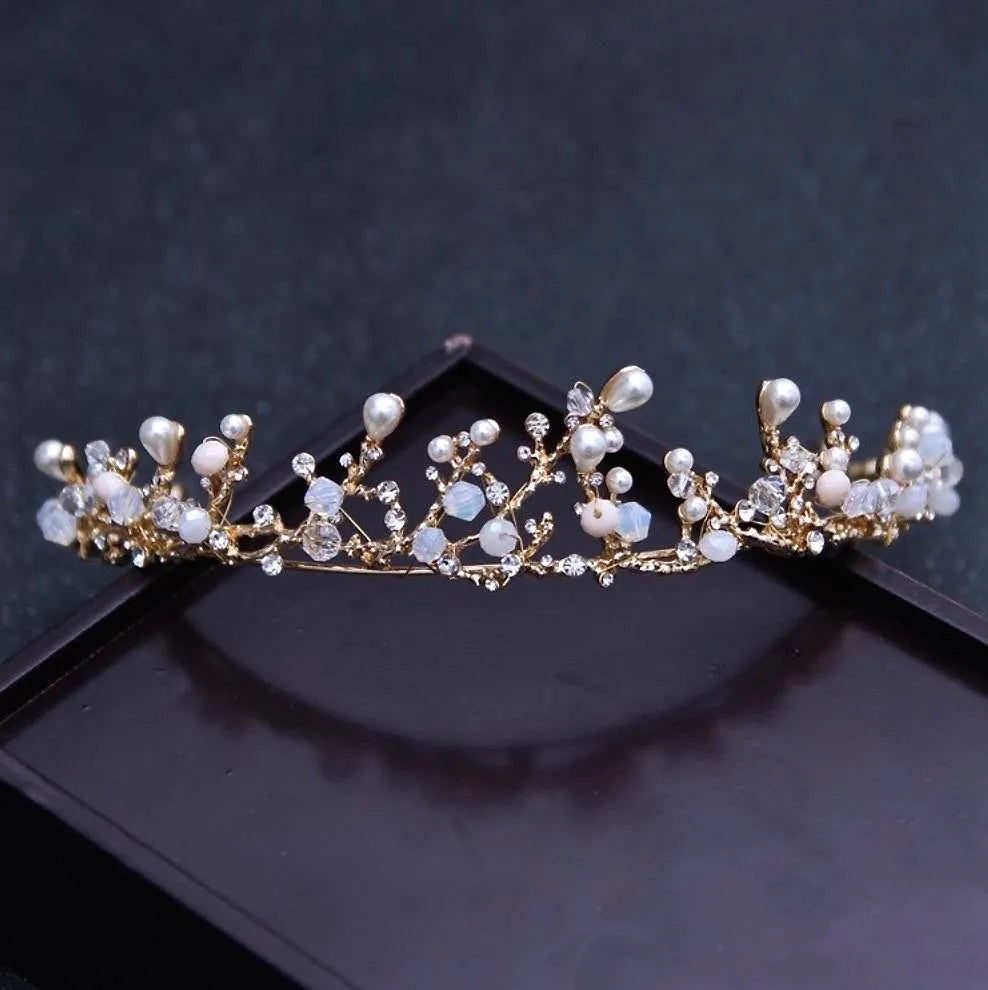 Pearl Wedding Jewelry - Pearl and Cubic Zirconia Bridal 3-Piece Jewelry Set With Tiara - Available in Yellow Gold and Silver