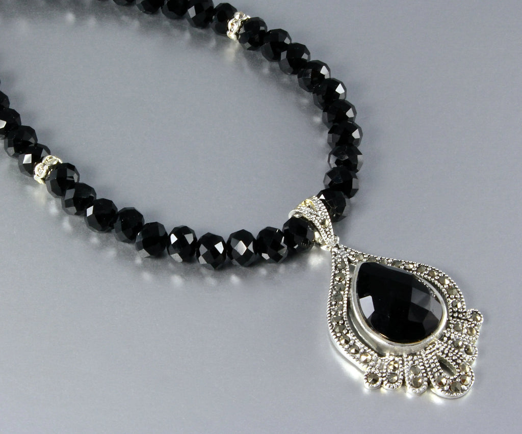 "Dauphine" - Black Agate, Marcasite, and Sterling Silver Necklace/Earrings/Set