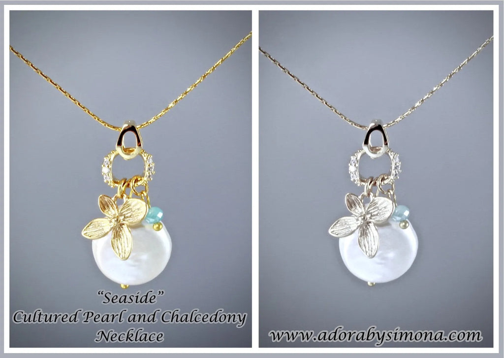 "Seaside" - Cultured Pearl and Chalcedony Necklace - Available in Gold and Silver