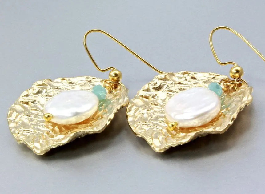 Pearl Wedding Jewelry - Cultured Pearl and Blue Chalcedony Bridal Earrings