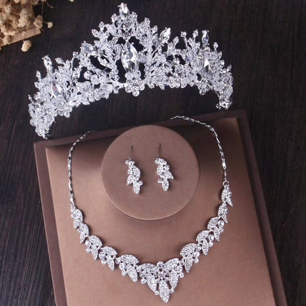 Wedding Jewelry and Accessories - Silver Cubic Zirconia 3-Piece Bridal Jewelry Set With Tiara