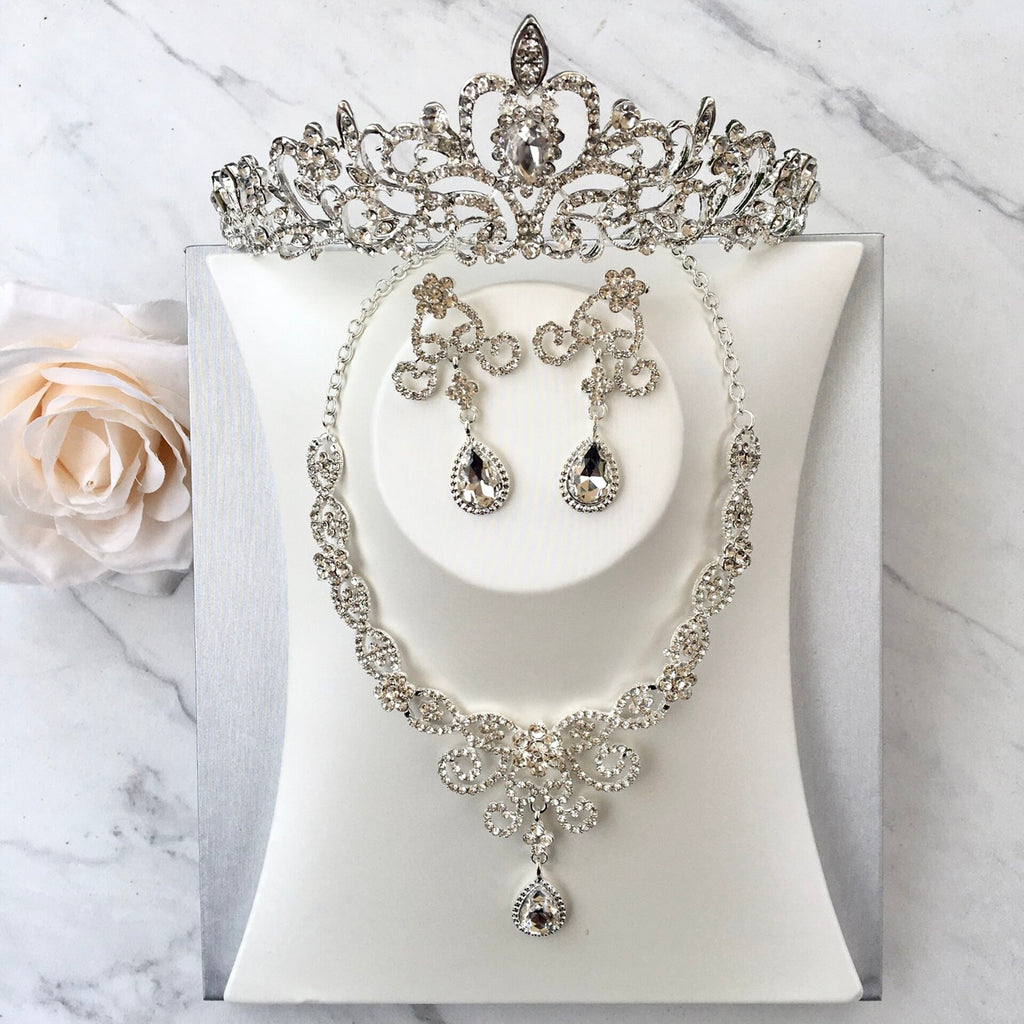 Wedding Jewelry and Accessories - Silver Cubic Zirconia 3-Piece Bridal Jewelry Set With Tiara