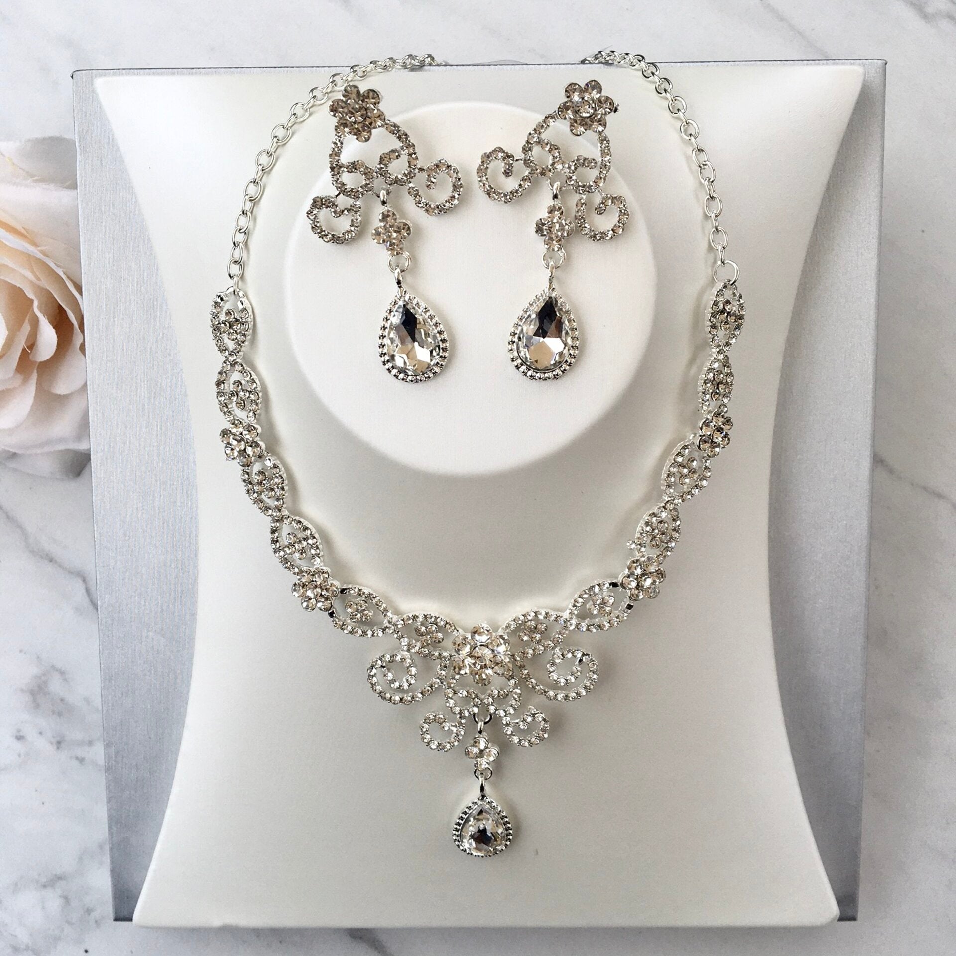 Unicra Bride Crystal Necklace & Earrings Set — Rhinestone Bridal Jewelry, Silver Tone, 18.5 Inches