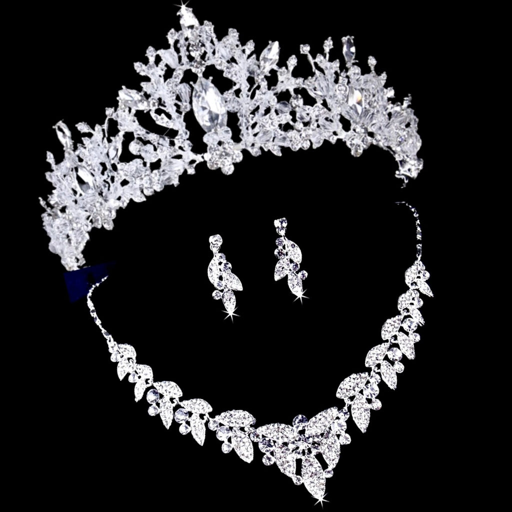 Wedding Jewelry and Accessories - Silver Cubic Zirconia 3-Piece Bridal Jewelry Set With Tiara